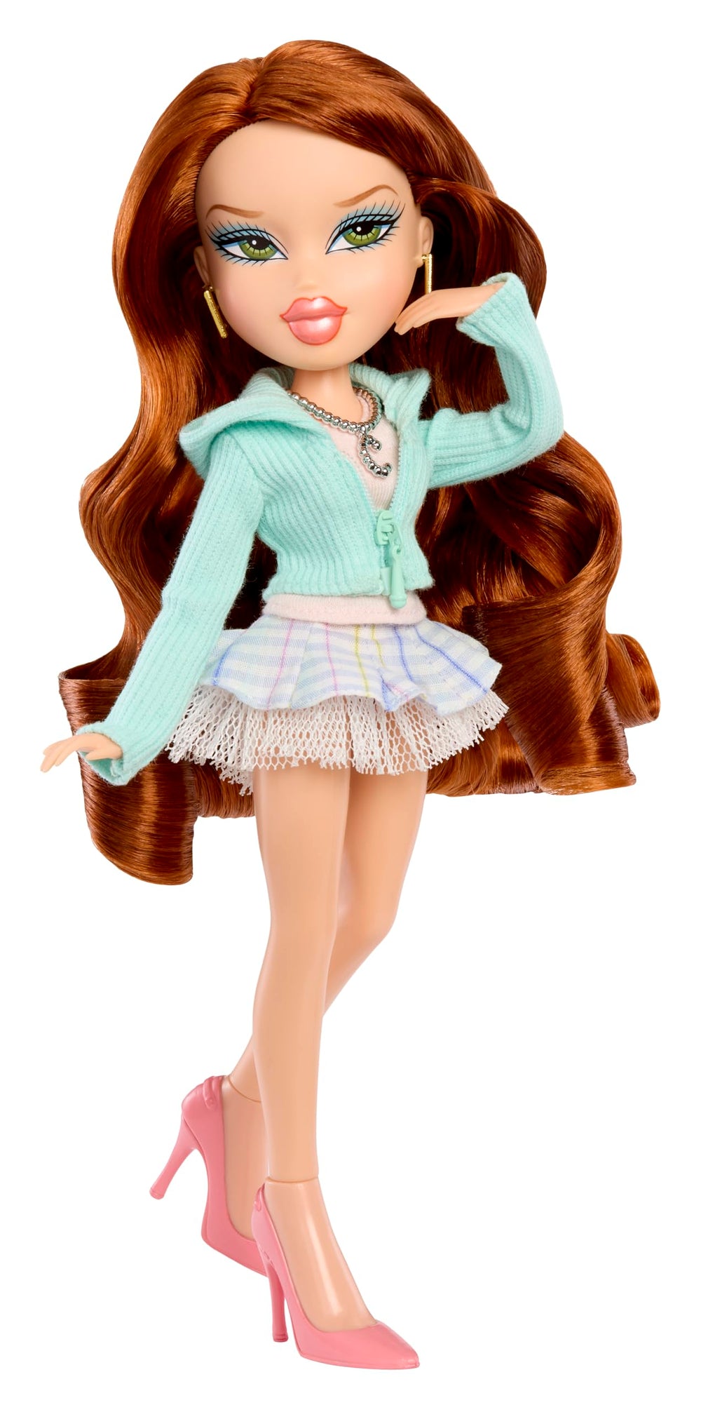Bratz Mean Girls Spring Fling Cady blue sweater plaid skirt for school hall fashion.