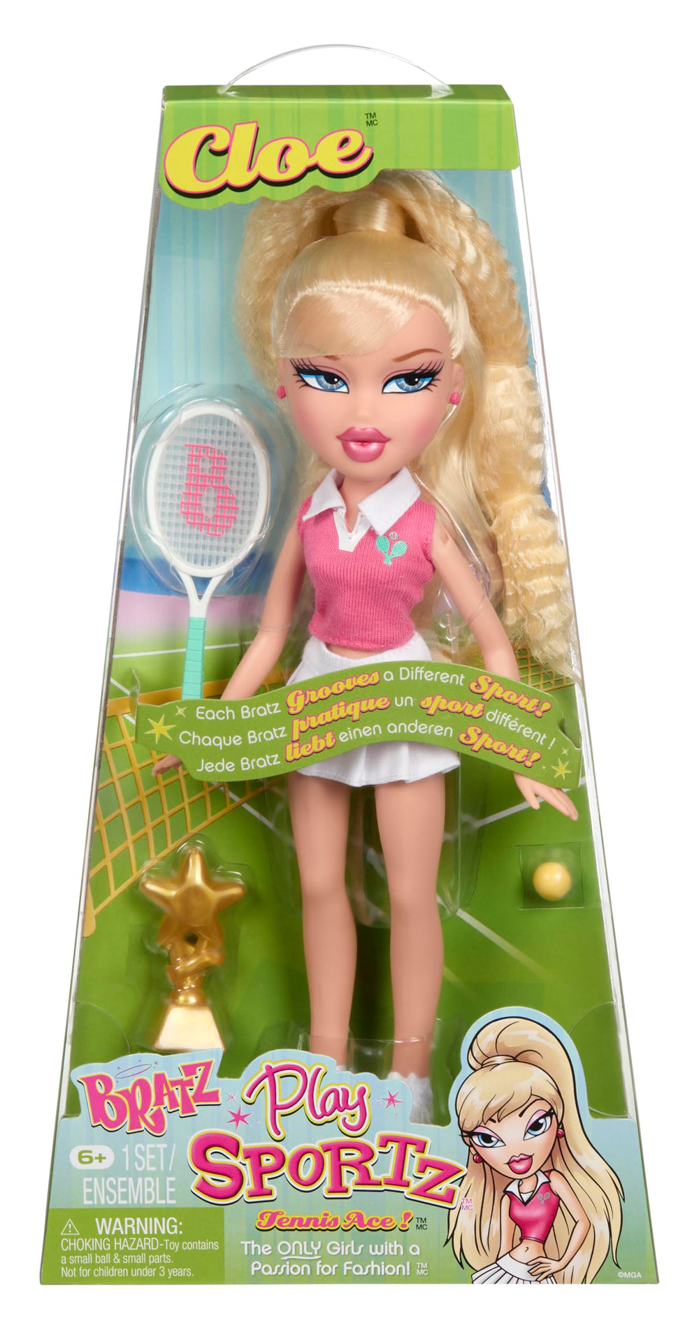 Bratz Play Sportz Cloe doll close-up showcases a chic tennis-ready look.