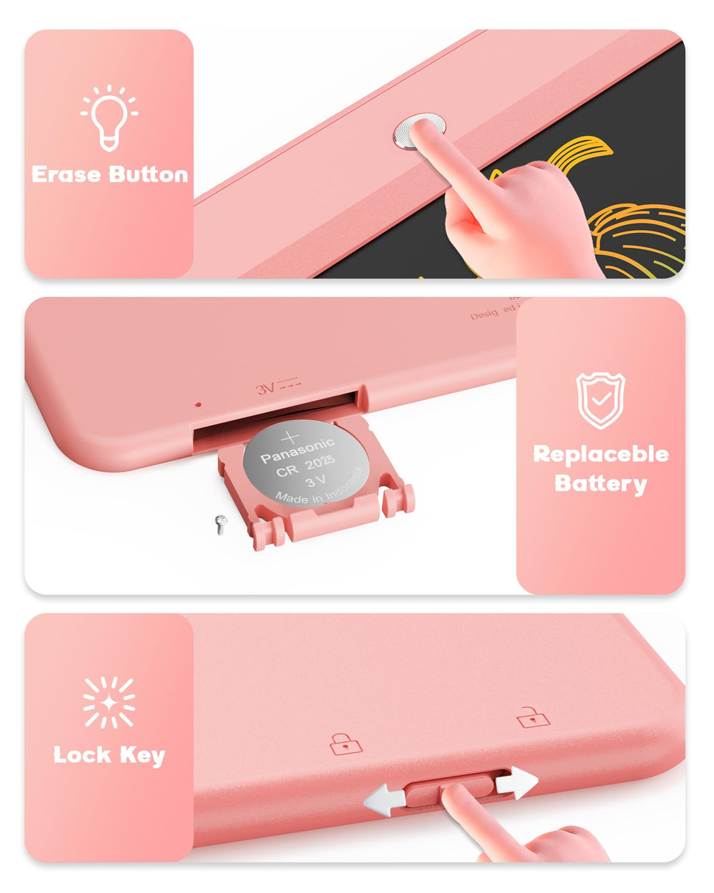 Bravokids erase button, quick wipe clean after each doodle.