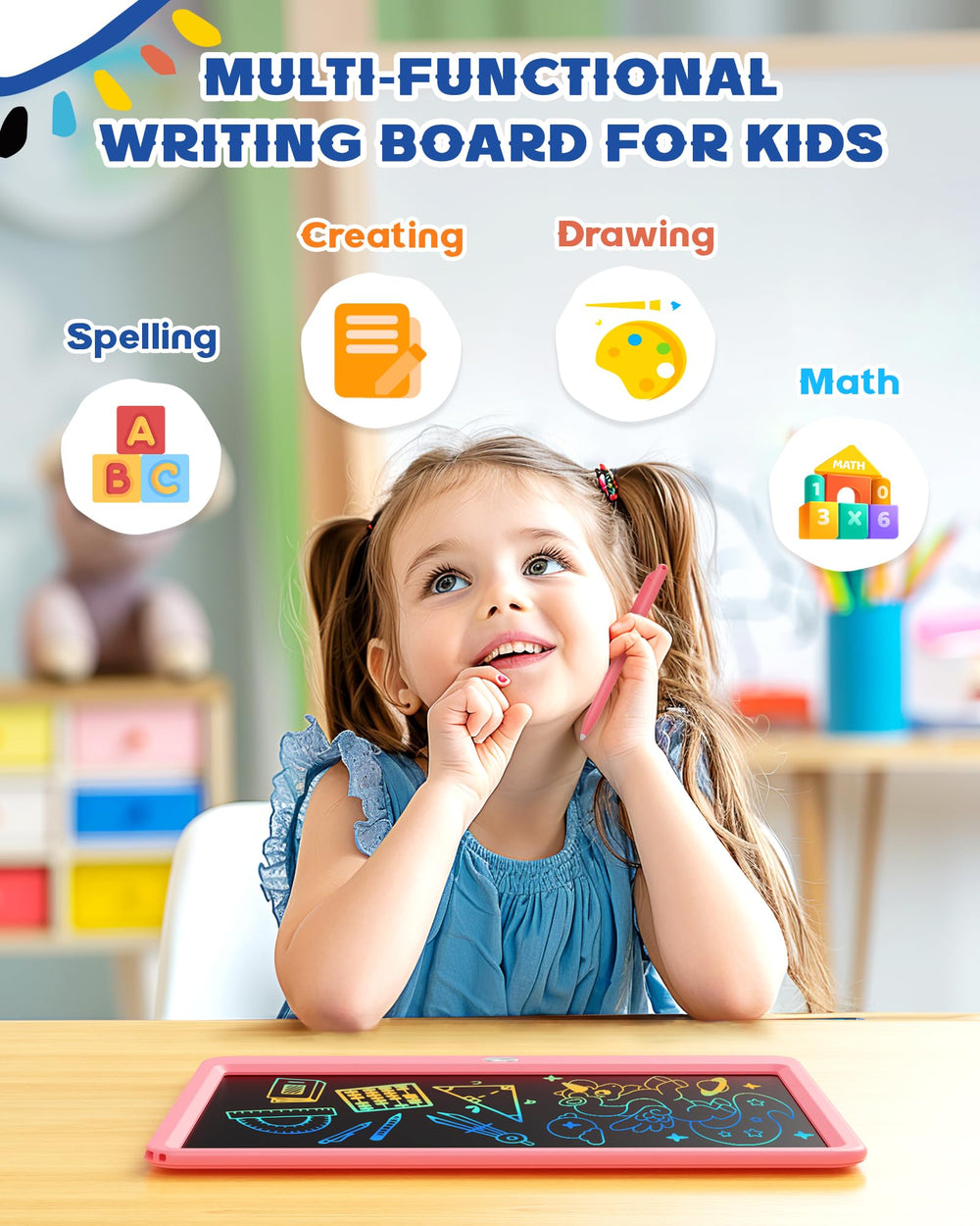 Bravokids kid drawing on color screen shows vivid visuals for imagination.