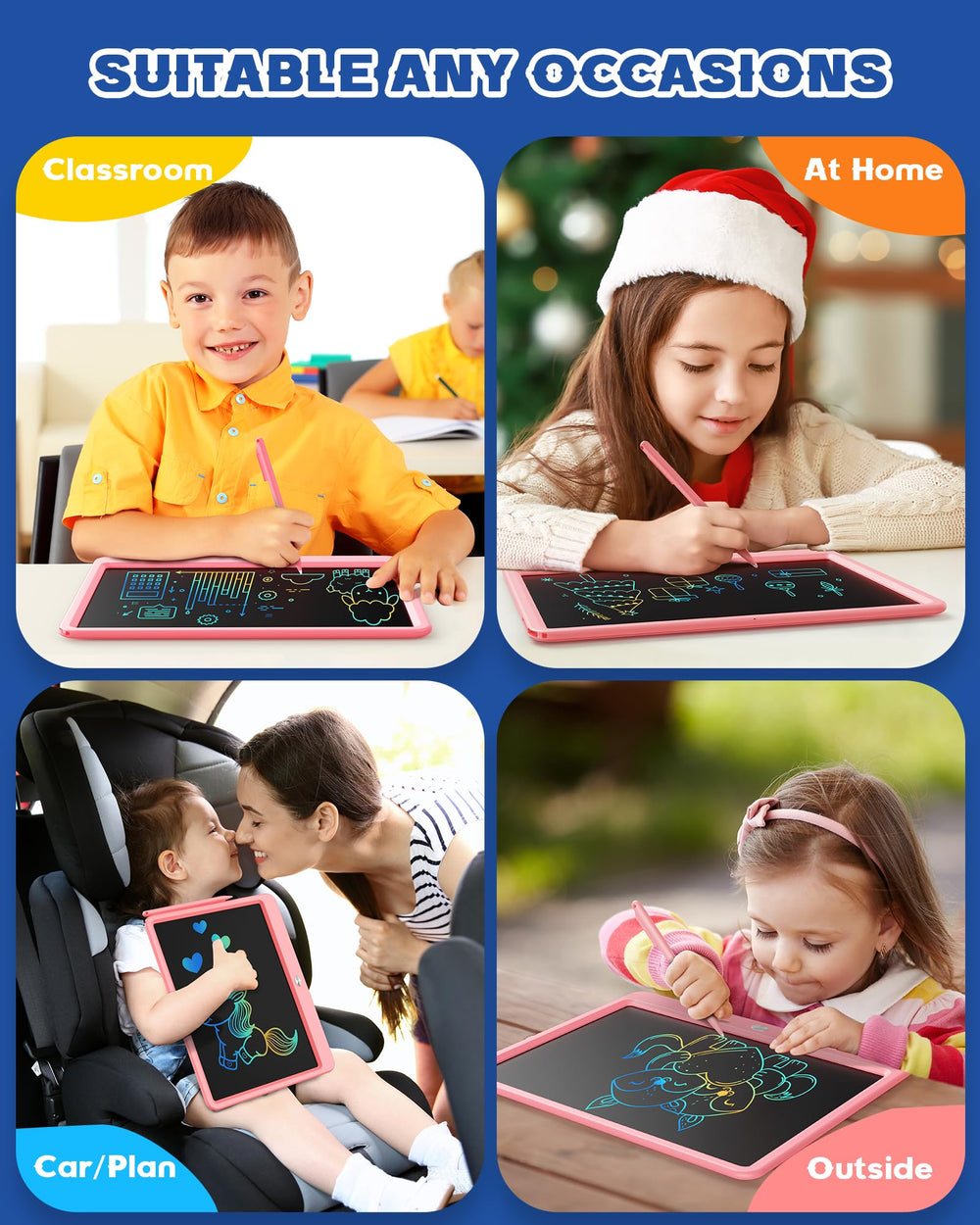 Bravokids travel-friendly tablet shown during plane and car rides.