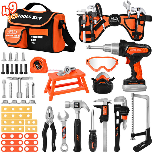 Breibowski 49-piece toddler tool set drill in action boosts imaginative play and fine motor skills.