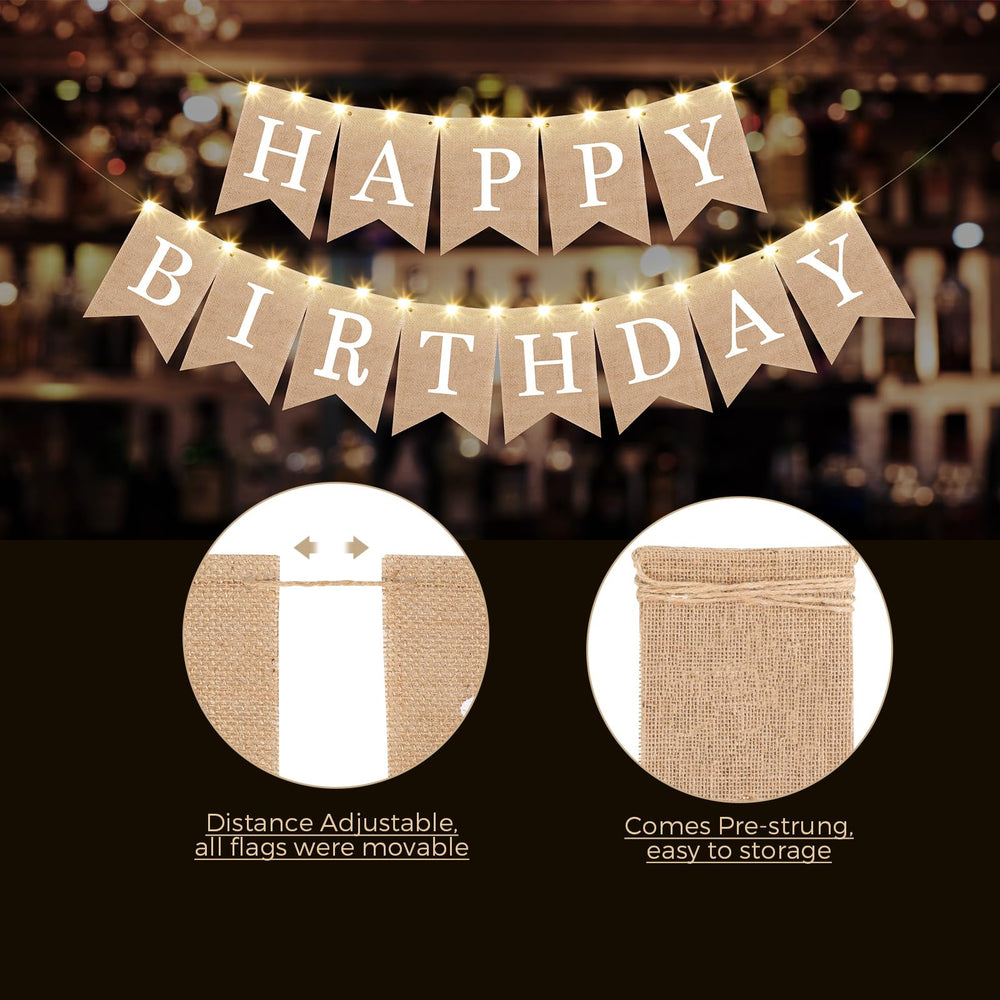 Breling party set includes two burlap banners and two LED strings for easy decorating.