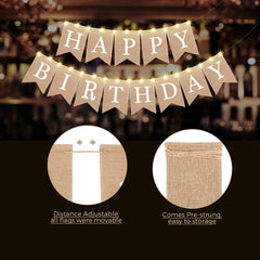 Breling party set includes two burlap banners and two LED strings for easy decorating.