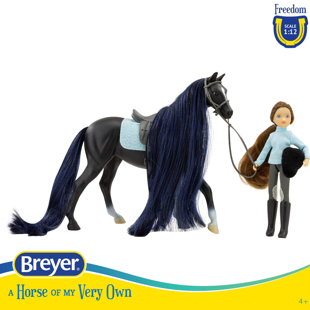 Breyer Thoroughbred Jet with English saddle highlights authentic equestrian gear.