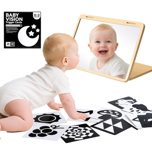 Brezlio tummy time mirror in flat position with high-contrast visuals to engage newborns.