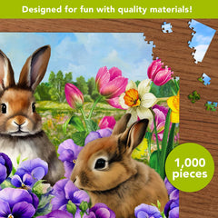Briarwood Lane Spring Bunny Trio finished puzzle, showcasing artwork beautifully for display.