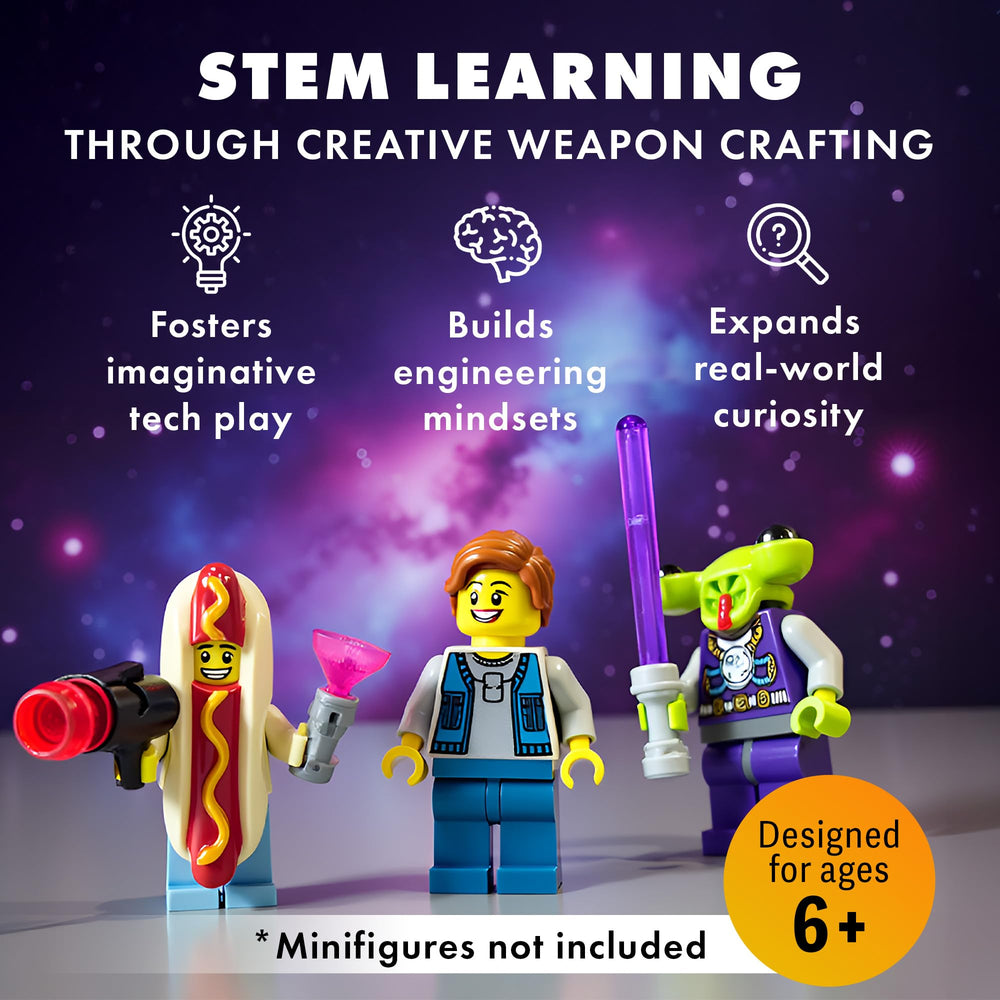 Brick Loot blaster weapons pack fits LEGO minifigures for dynamic battles.