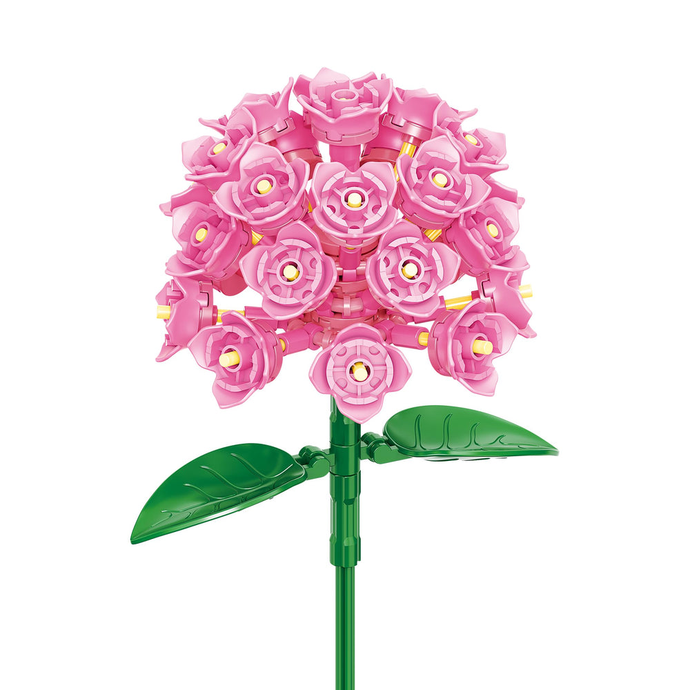 Brickcraft Botanicals pink hydrangea sunroom display adds a cheerful focal point.