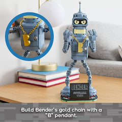 Brickcraft Futurama Bender tall display base with Futurama logo supports showcase.