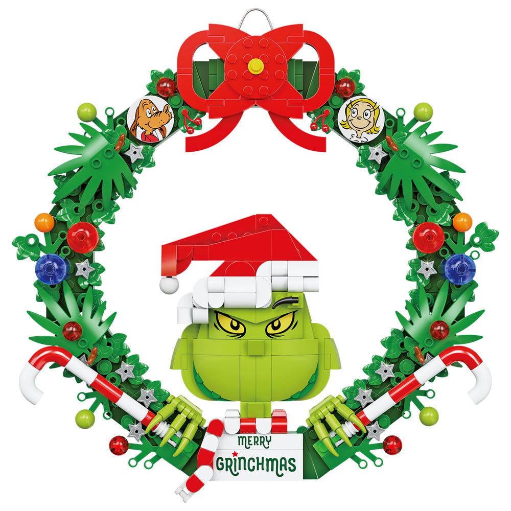 Brickcraft Grinch Wreath hanging on wall showcases festive brick-built charm.