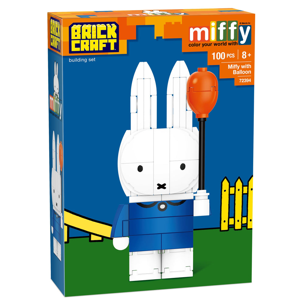 Brickcraft Miffy with Balloon showcased on a collector's shelf