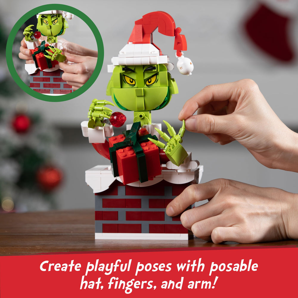 BrickCraft Grinch with movable hands, arms, and hat for expressive posing.