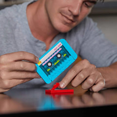 BrickCraft MTV cassette tape display on desk showcasing stand and setup