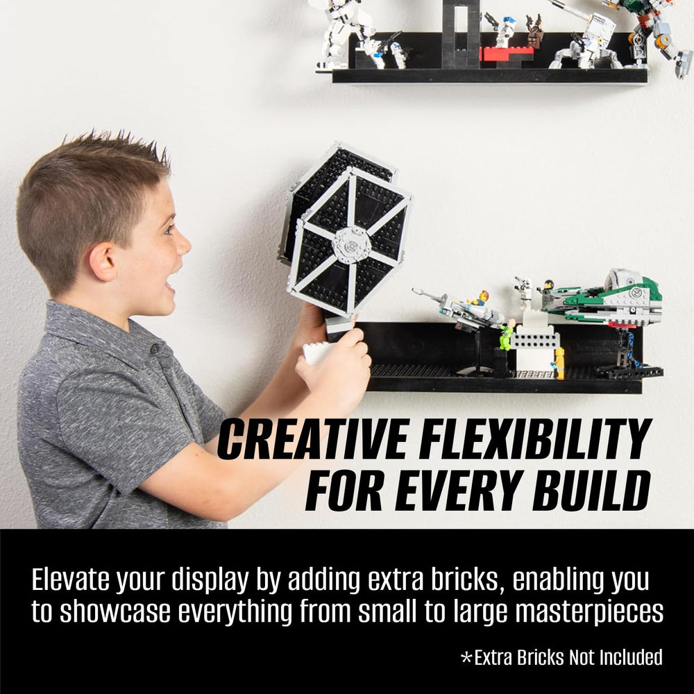 Brickmaster Displays universal-compatibility shelf shows compatibility with major bricks for versatile building displays.
