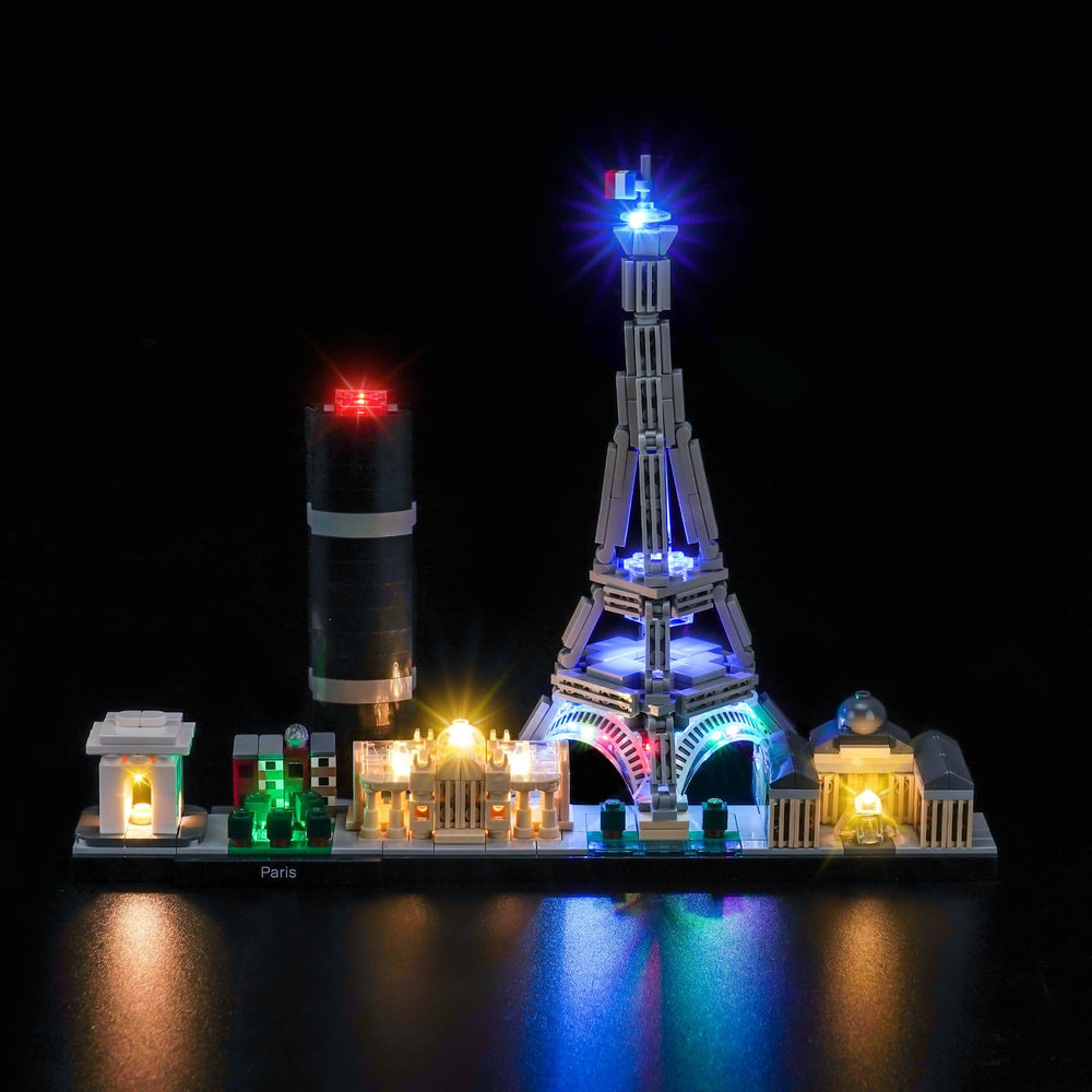 Brickshining Paris Skyline LED kit—detailed wiring shows safe, low-voltage design.