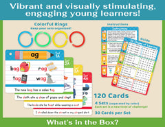 Bright Seed Phonics Flash Cards closeup highlights digraphs and CVC words.
