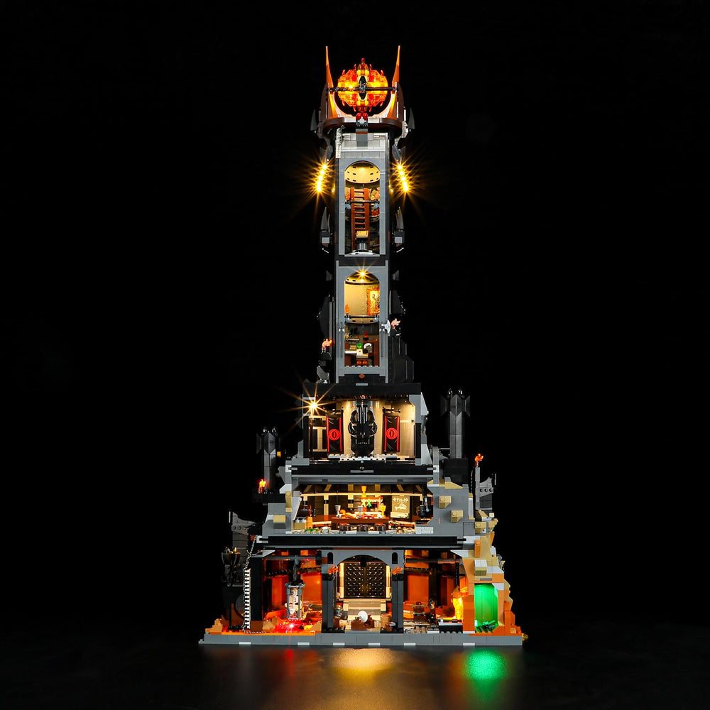 BRIKSMAX Barad-dûr light kit side view shows subtle glow for atmosphere.