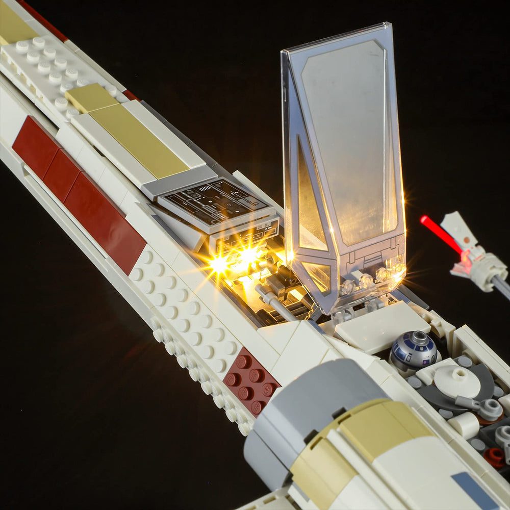 BRIKSMAX LED lighting kit for 75355 X-Wing engine glow emphasizes propulsion accents.