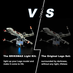 BRIKSMAX LED lighting kit for 75355 X-Wing fuselage illuminated for night display depth.