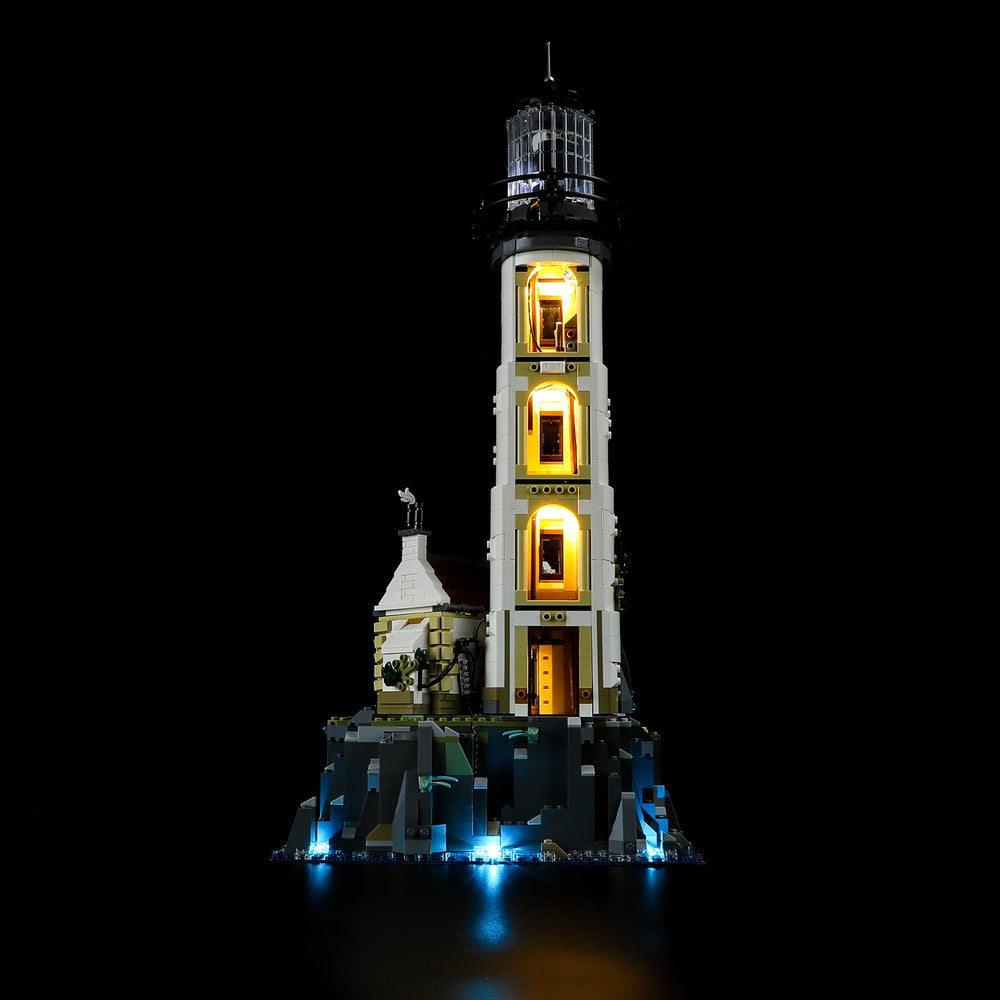 BRIKSMAX LED kit for LEGO 21335, side-view lighthouse reveals detailed illumination.