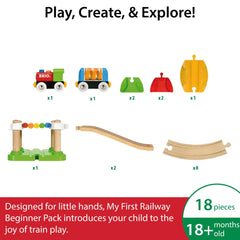 BRIO My First Railway Beginner Pack rattle wagon adds sensory fun and easy magnetic connections.