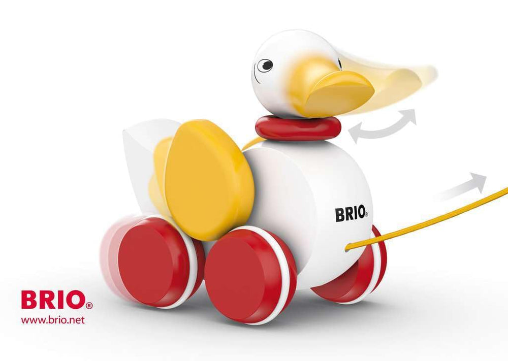 BRIO Pull Along Duck bright red wheels roll smoothly on any floor.
