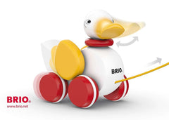 BRIO Pull Along Duck bright red wheels roll smoothly on any floor.