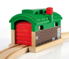 Wood texture and craftsmanship visible on the Brio Train Garage.