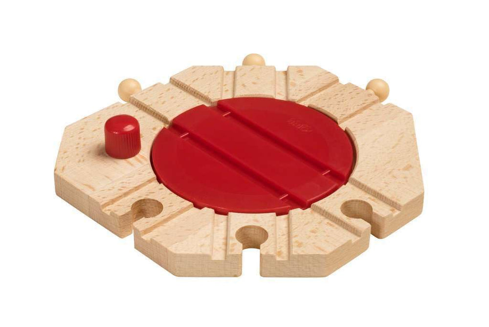BRIO World 33361 mechanical turntable button rotates to redirect trains for creative play.