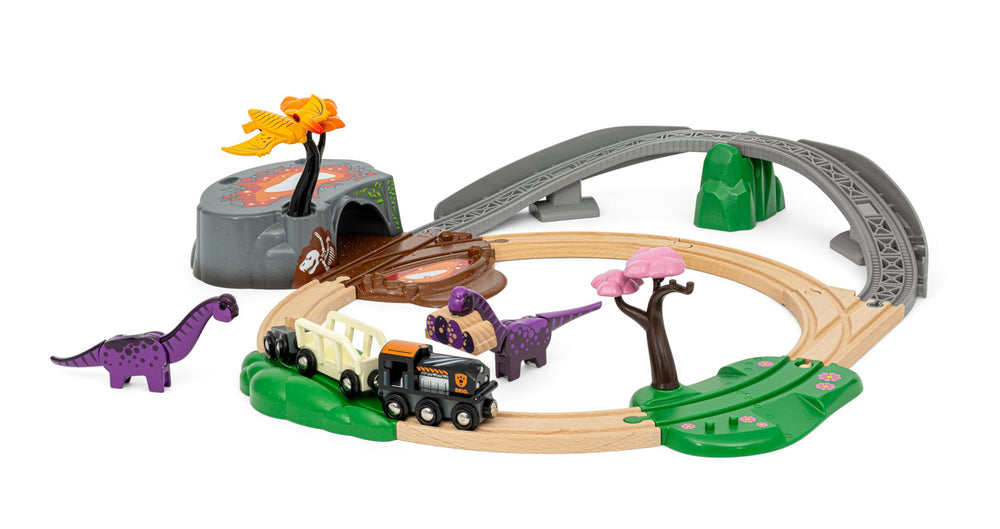 BRIO World Dinosaur Adventure Set wagons connected to form a travel-ready train.