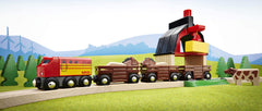 BRIO World Farm Railway Set magnetic hay crane lifting a bale in the barn yard
