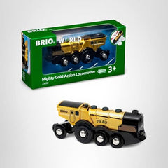 BRIO Mighty Golden Action Locomotive on wooden track showing compatibility with BRIO sets