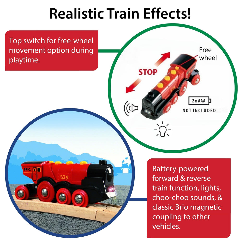 BRIO Mighty Red Action Locomotive battery-powered design enables reliable play sessions