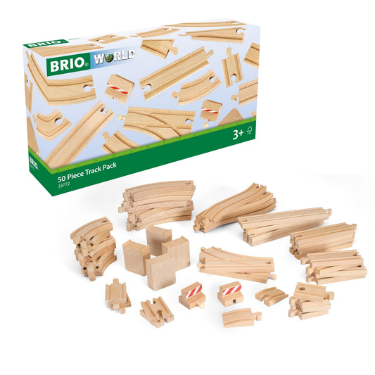 BRIO World 50-Piece Track Pack wooden track expands BRIO rail sets for imaginative railways.