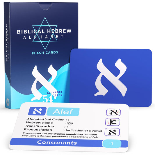 Briston Biblical Hebrew flash card set front view with letter names and transliteration.