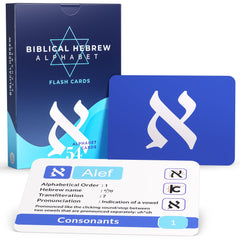 Briston Biblical Hebrew flash card set front view with letter names and transliteration.