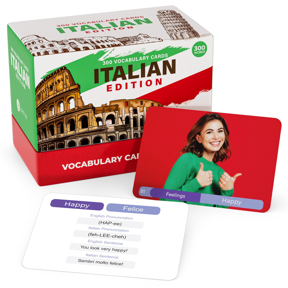 Briston Italian Edition food cards show food vocabulary with pictures and usage examples