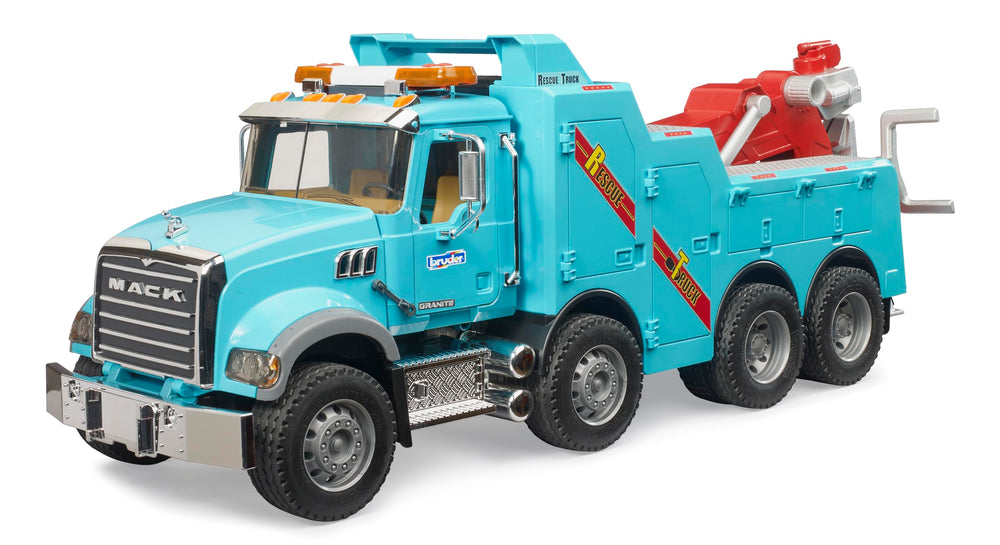 Bruder 02831 Mack Granite Heavy Rescue Wrecker front view, ready for immersive rescue play indoors or outdoors.