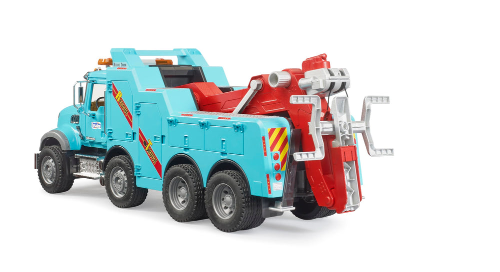 Bruder 02831 Mack Granite Heavy Rescue Wrecker winch-action close-up for authentic recovery play.