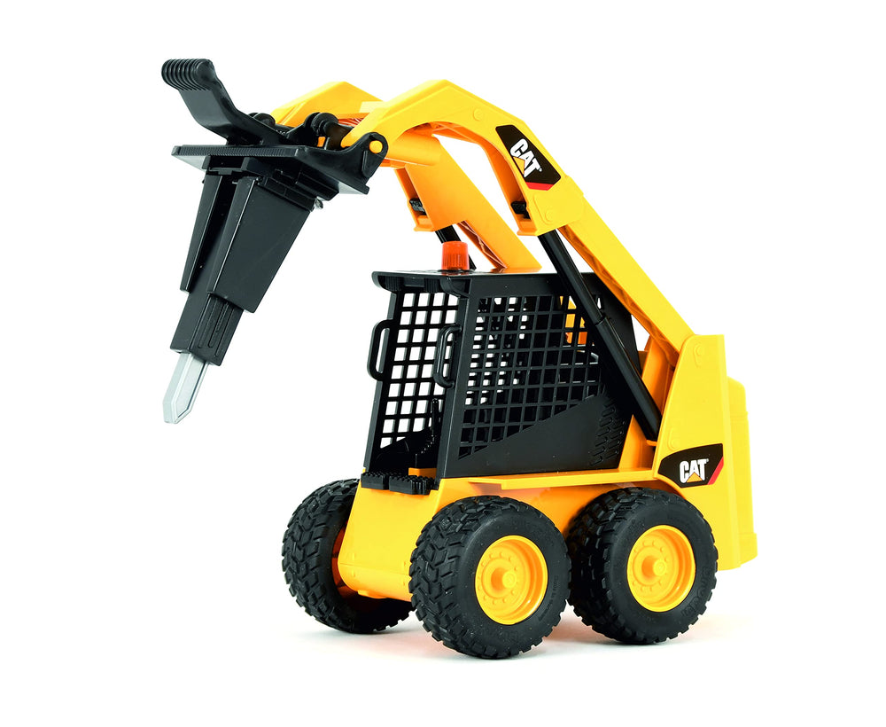 Bruder 09047 Caterpillar skid steer loader front view showing versatile accessories.