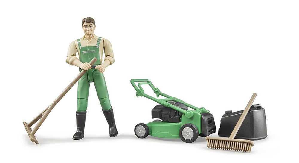 Bruder bworld gardener accessories with besom and rake enable creative gardening scenarios