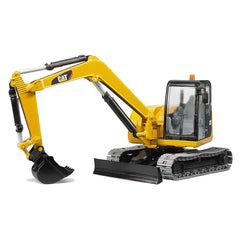 Bruder CAT mini excavator with open cab door and glazed cabin for realism.