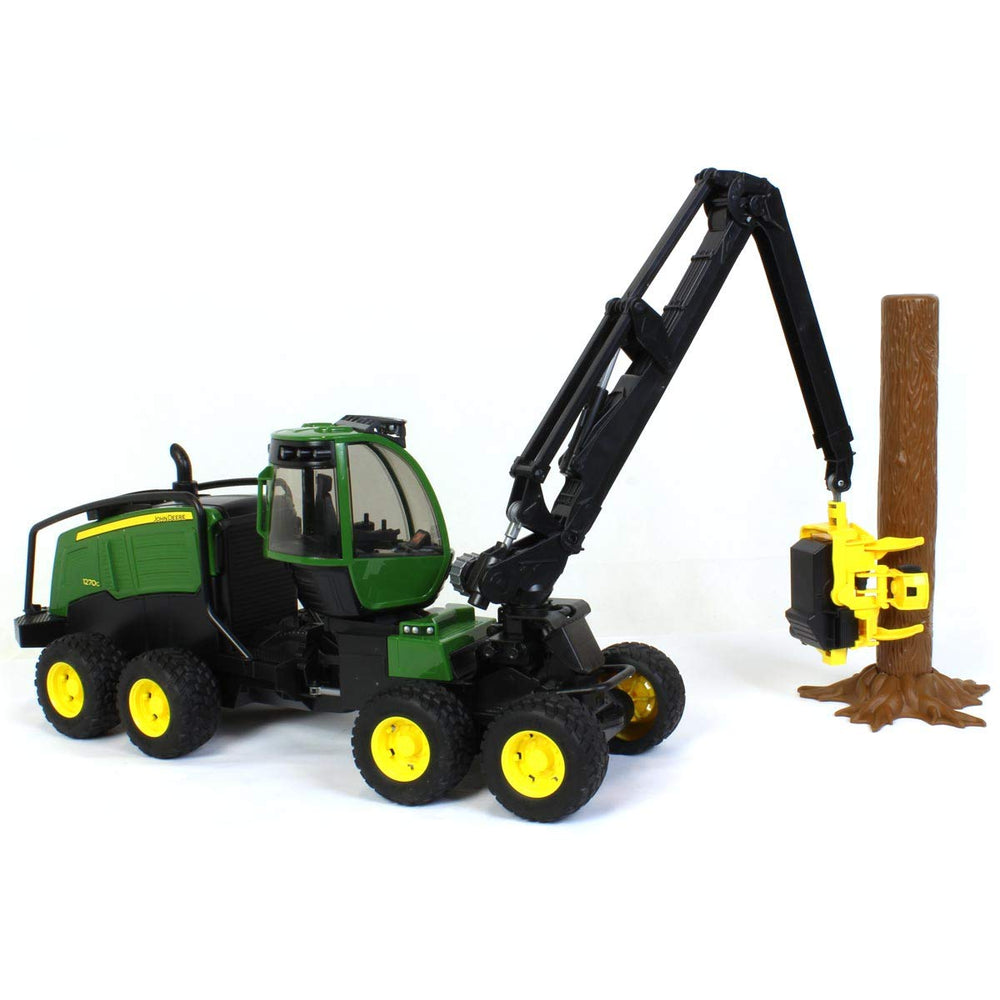 Bruder John Deere 1270G harvester tree trunk with roots supports realistic timber delivery play