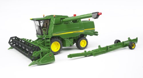 Bruder John Deere T670i grain tank drain enables spill-free pretend harvest.