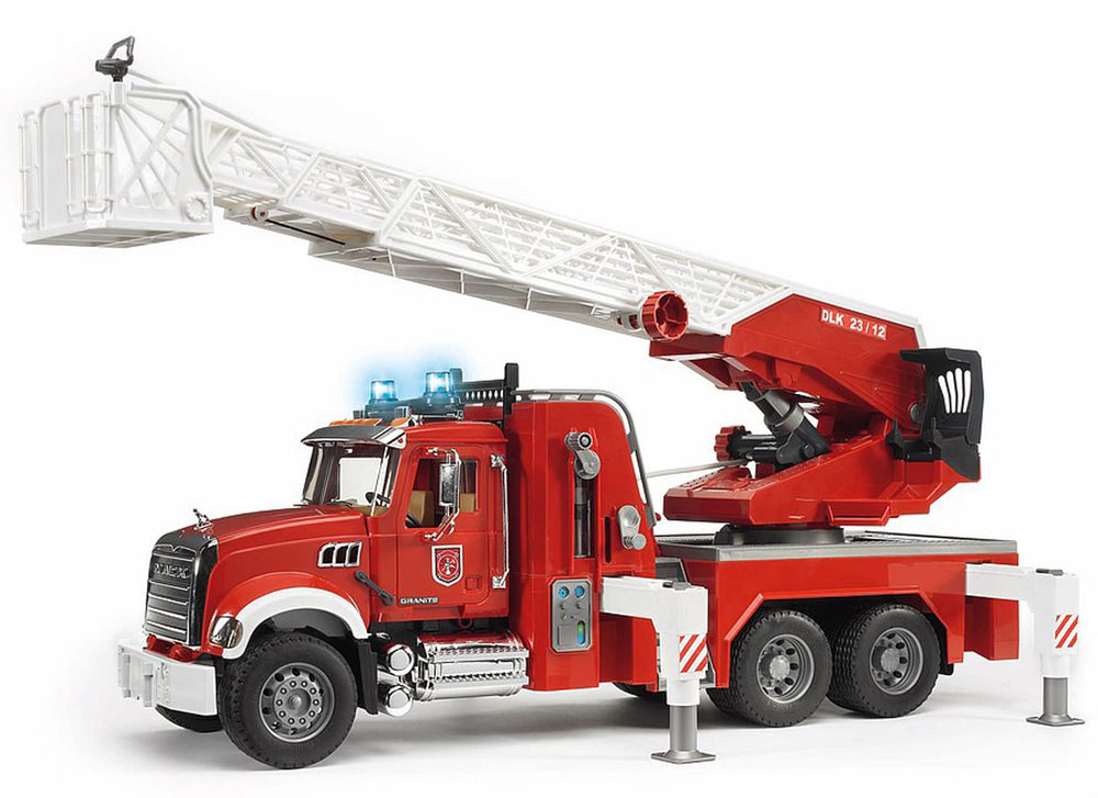 Bruder Mack Granite fire engine with open doors enhances play realism.