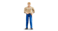 Bruder man 1:16 figure with poseable limbs for dynamic play in light skin and blue jeans.