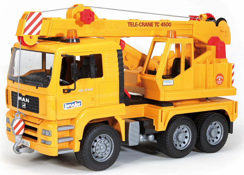 Bruder Man TGA crane truck with extendable boom for lightweight lifting.