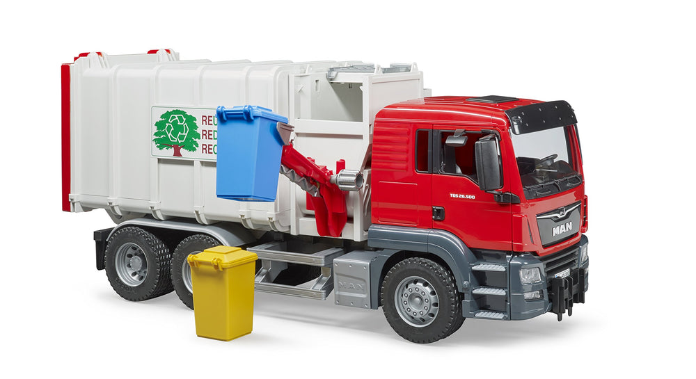 Bruder Man TGS side-loading garbage truck compactors detail, two screw-type systems for authentic operation.