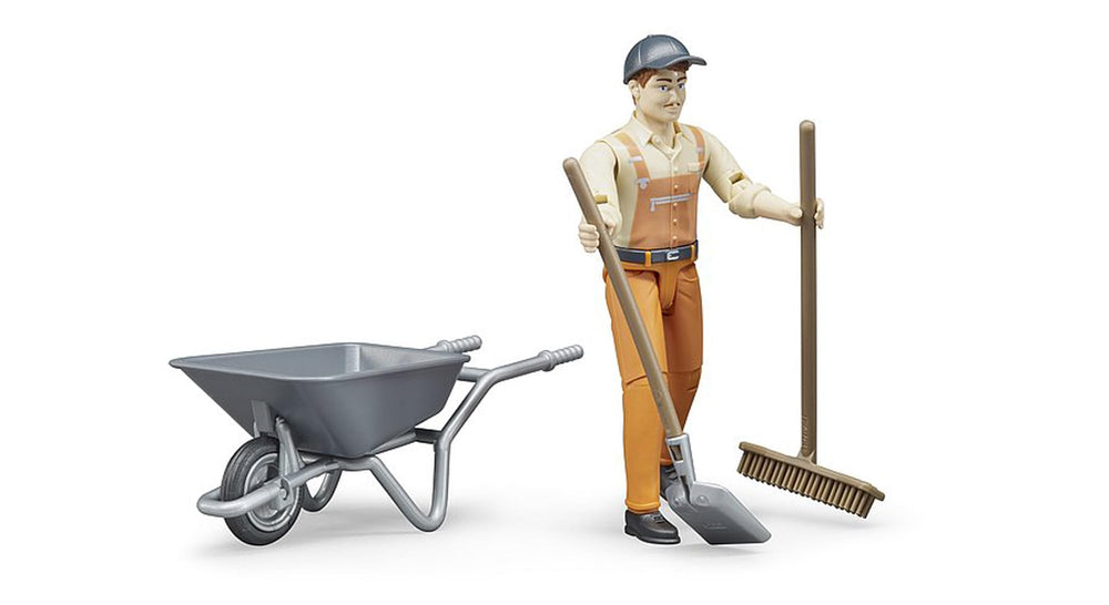 Bruder municipal worker figure with shovel supports digging and outdoor project storytelling.